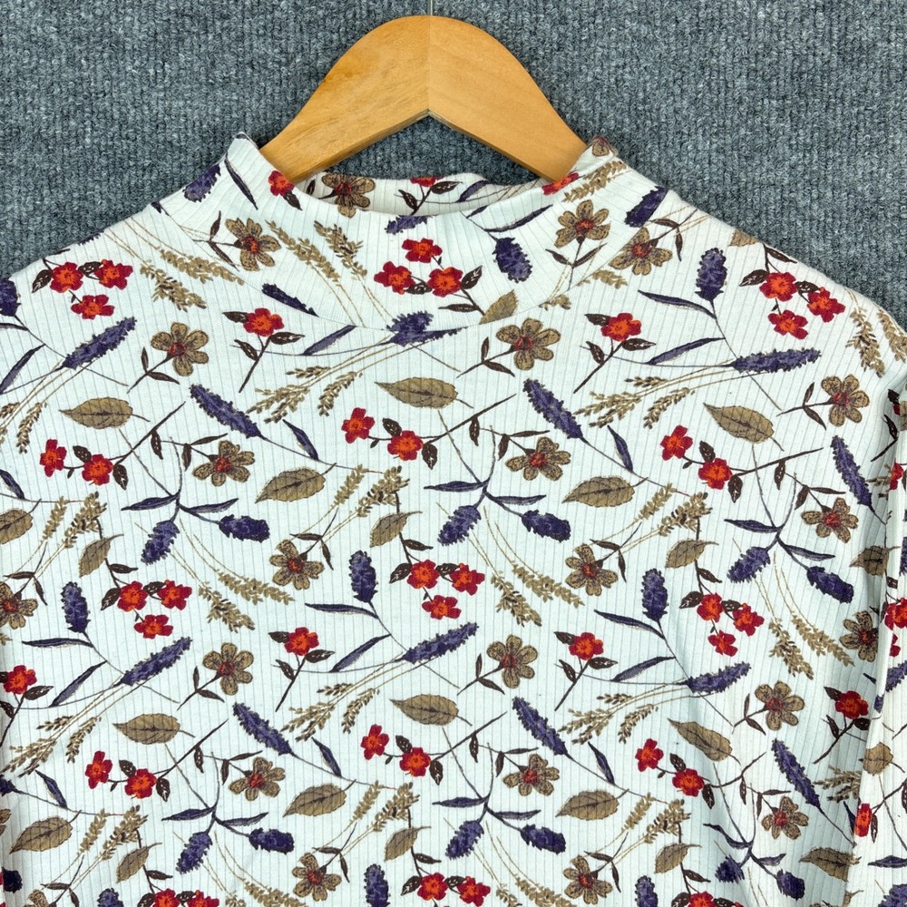Vintage Bobbie Brooks Mock Neck Long Sleeve Shirt XL Fall Floral Leaves Print